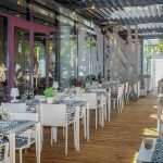 NOOT-ravintolan terassin tyhjät vaaleat pöydät odottavat asiakkaita