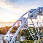 Etualalla maailmanpyörä ja takana meri, Palangan laituri ja auringonlasku