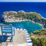 Sininen tuoli asetettuna korkealle betonitasanteelle, josta näkymä alas rannalle ja poukamaan.