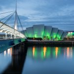 Glasgow, SEC Centre iltavalaistuksessa