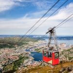 Ulriken-vuoren kaapelihissi korkealla kuvattuna.