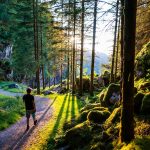 Vaeltaja kulkee Kossdalssvegenin vaellusreittiä auringon paistaessa matalalta.