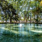 Suihkulähde puiden keskellä.