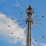 Ihmisiä ketjukarusellin kyydissä taivasta vasten kuvattuna.