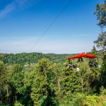 Laskijat vauhdissa ilmaköysiradalla metsikön yllä.