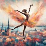Tekoälyllä luotu Piirroskuva Ballerinasta Riian kaupunkimaiseman yllä